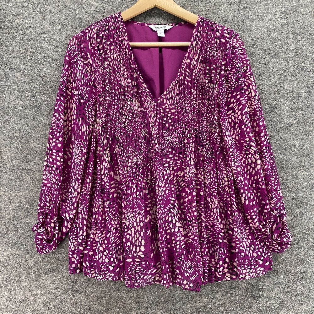 Nine West Blouse Women S Small Purple Geometric V-Neck Long Sleeve Lined Casual